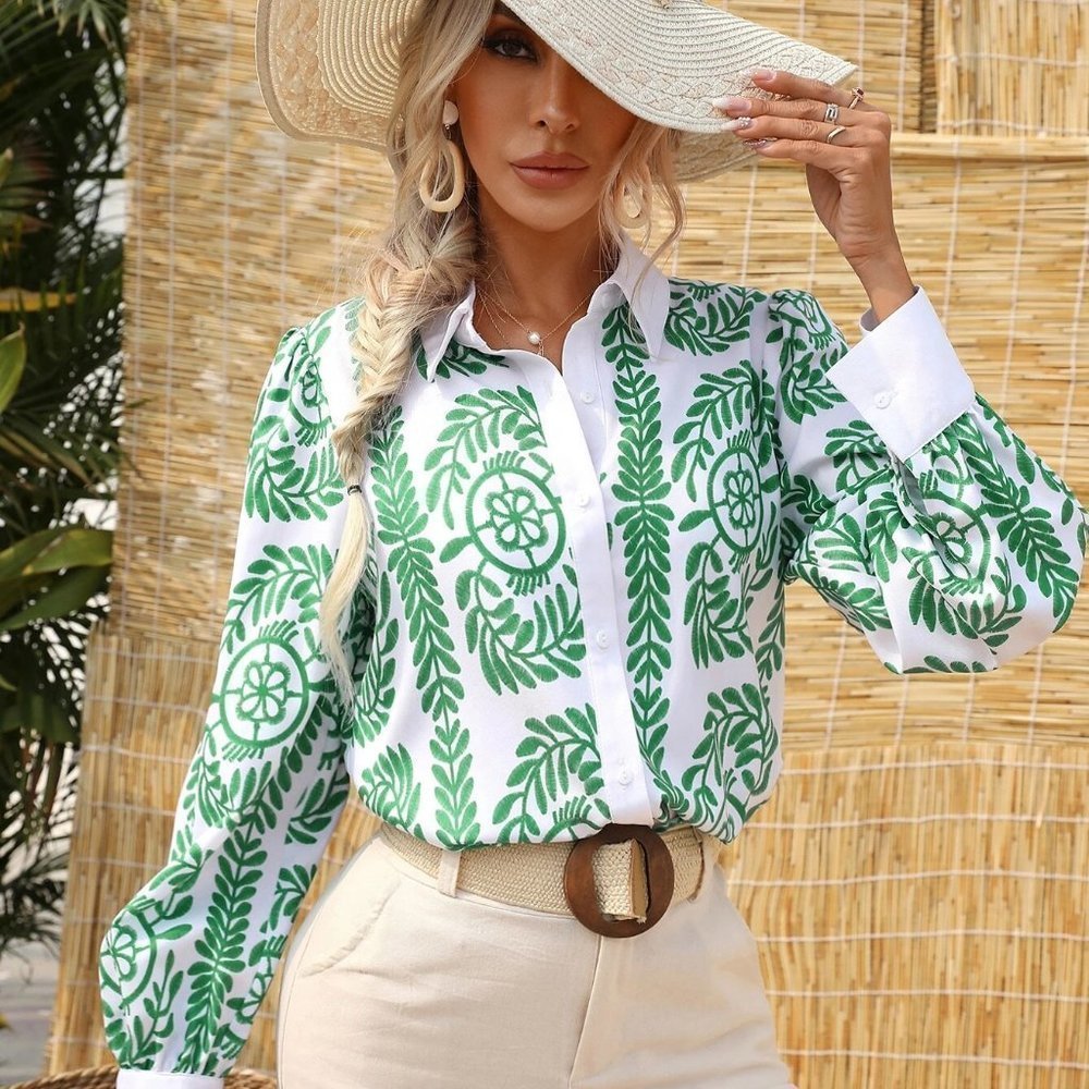White Boho Womens Graphic Print Button Front Shirt - Picture 5 of 5